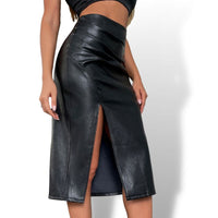Thumbnail for Black Pleated PU Leather Midi Side Split Skirt Sensationally Fabulous