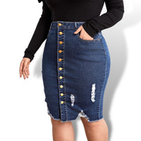 Thumbnail for Curve Plus Button Fly Ripped Stretchy Denim Skirt Sensationally Fabulous