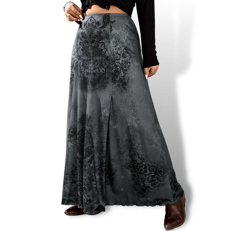Curve Plus Dark Grey Floral Print Goth Maxi Skirt Sensationally fabulous