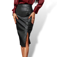 Thumbnail for Black Button Split Hem PU Leather Skirt Sensationally Fabulous