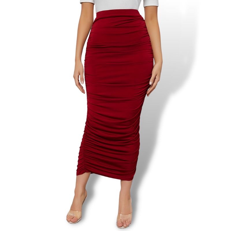 Red High Waist Ruched Maxi Pencil Skirt Sensationally Fabulous