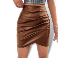 Thumbnail for Brown PU Leather Bodycon Ruched Wrap Skirt Sensationally Fabulous