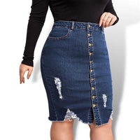 Thumbnail for Curve Plus Button Fly Ripped Stretchy Denim Skirt Sensationally Fabulous