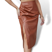 Thumbnail for Brown Pleated PU Leather Midi Side Split Skirt Sensationally Fabulous