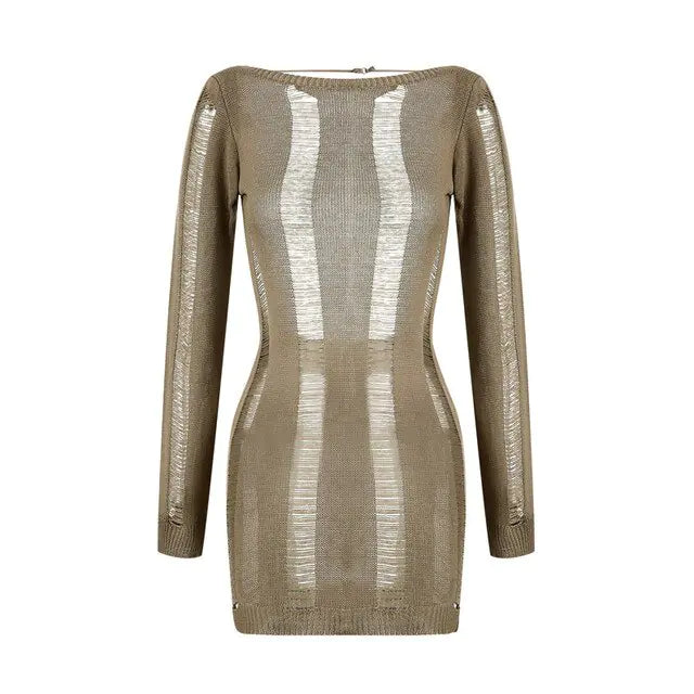 See-Through O-neck Long Sleeve Knitted See-Through O-neck Long Sleeve Knitted Olive Dress Dress