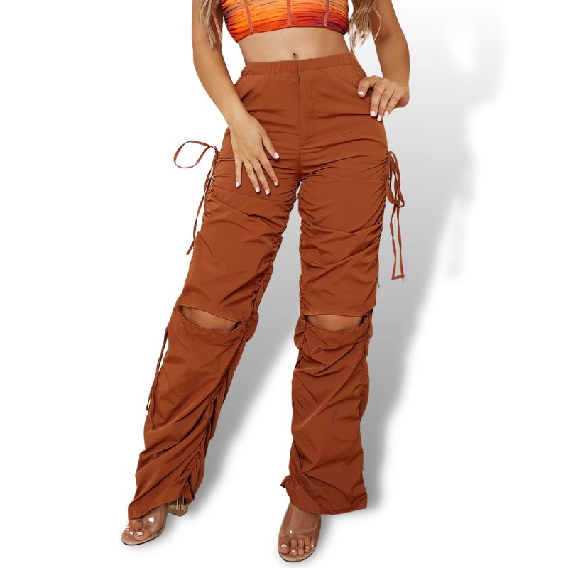 Brown Ruched Knot Cut Out Pants Sensationally Fabulous