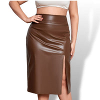 Thumbnail for Brown Curve Plus High Waist Split Hem PU Leather Skirt Sensationally Fabulous