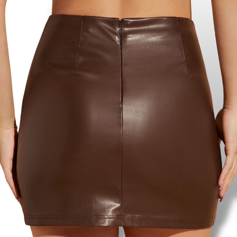 Brown Solid Ruched Wrap PU Leather Skirt Sensationally Fabulous