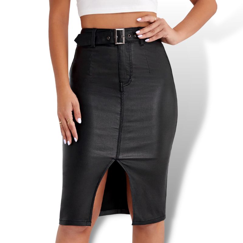 Black Buckle Belted Split Hem Denim Pencil Skirt Sensationally Fabulous