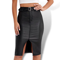 Thumbnail for Black Buckle Belted Split Hem Denim Pencil Skirt Sensationally Fabulous