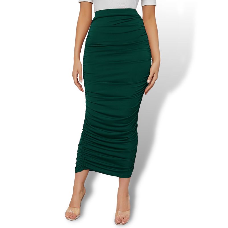 Dark Green High Waist Ruched Maxi Pencil Skirt Sensationally Fabulous